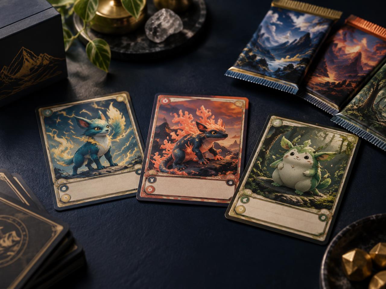Original fantasy creature trading cards arranged on a collector's desk